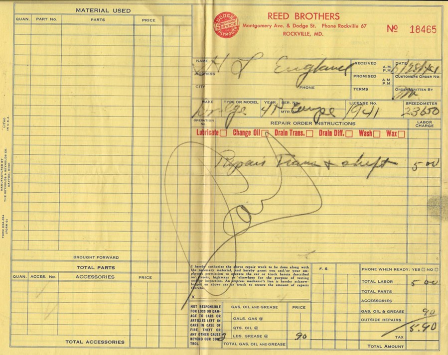 Reed Brothers Dodge & Plymouth Service Invoice - June 28, 1944