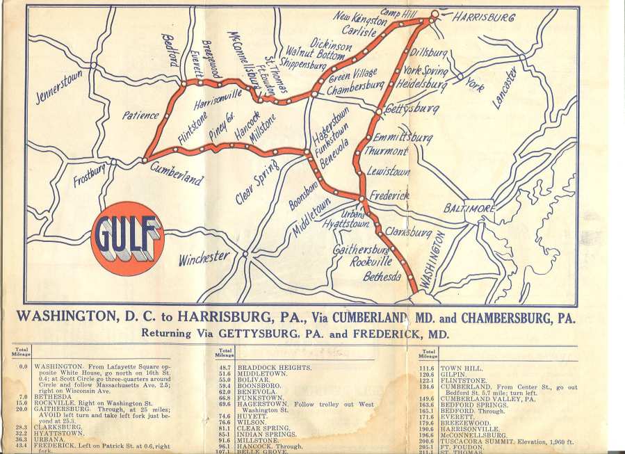 1929 Washington DC to Harrisburg road map