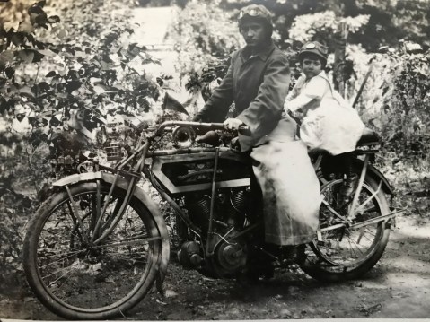 mother and daughter on excelsior motorcycle