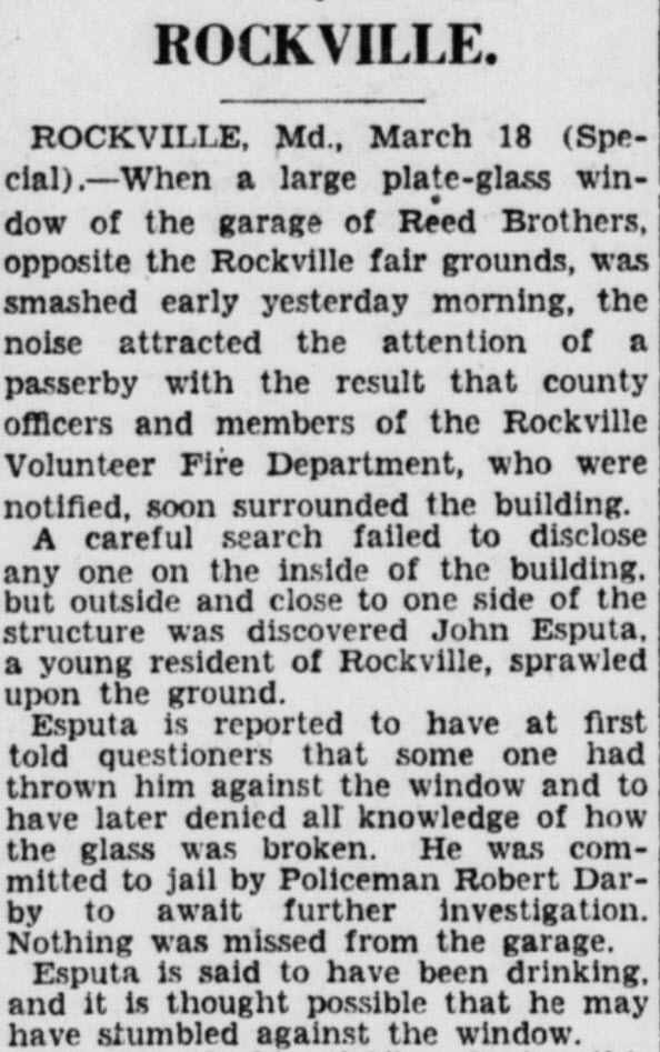Drunk Falls Through Reed Brothers Window The Evening Star Washington, DC Monday March 18, 1929