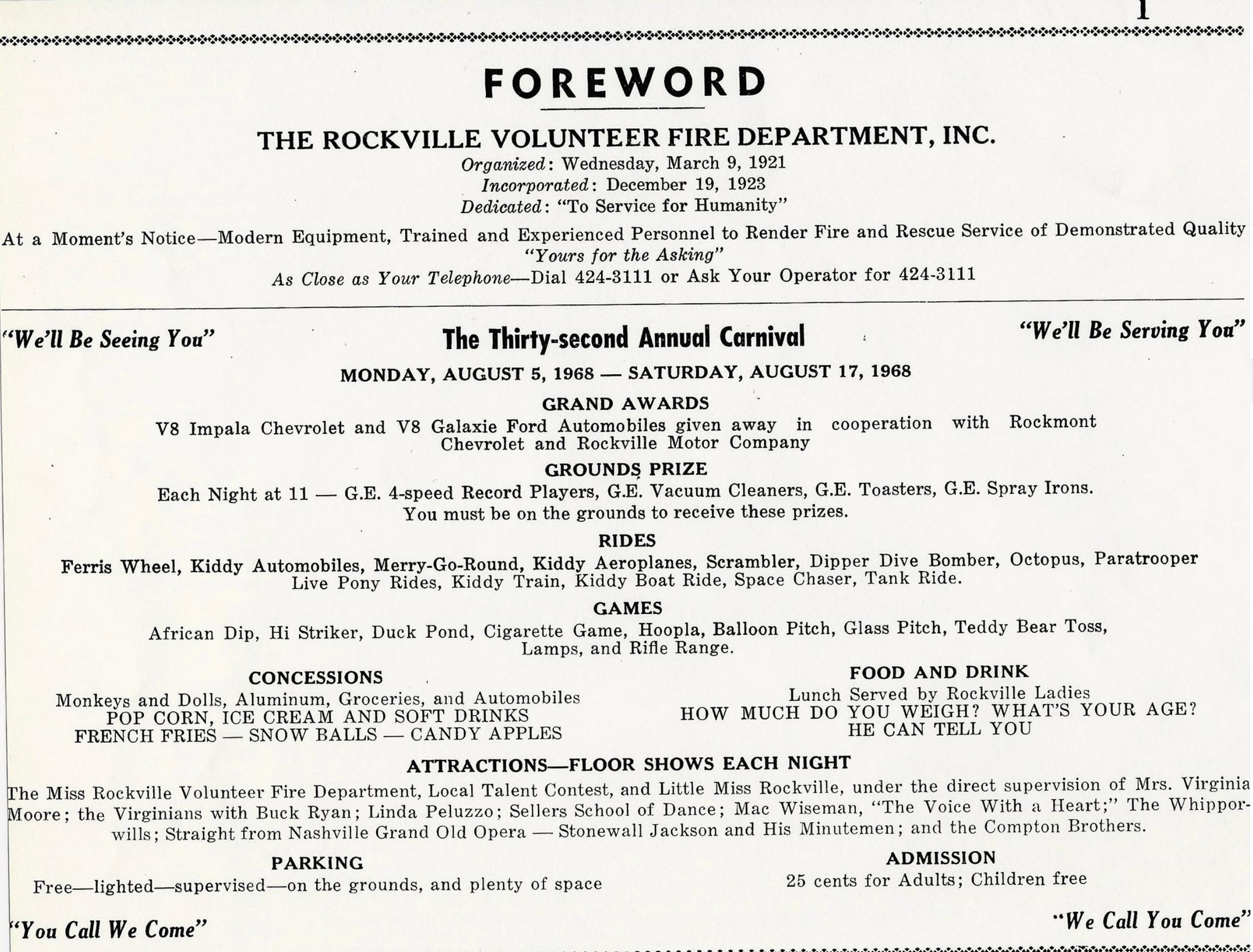 RVFD Carnival Program Line up from 1968