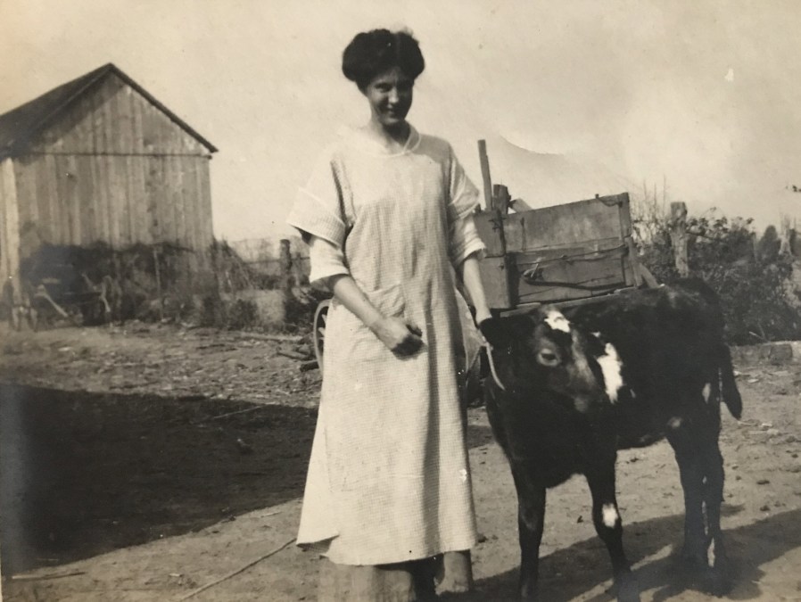 Lady posing with pet cow