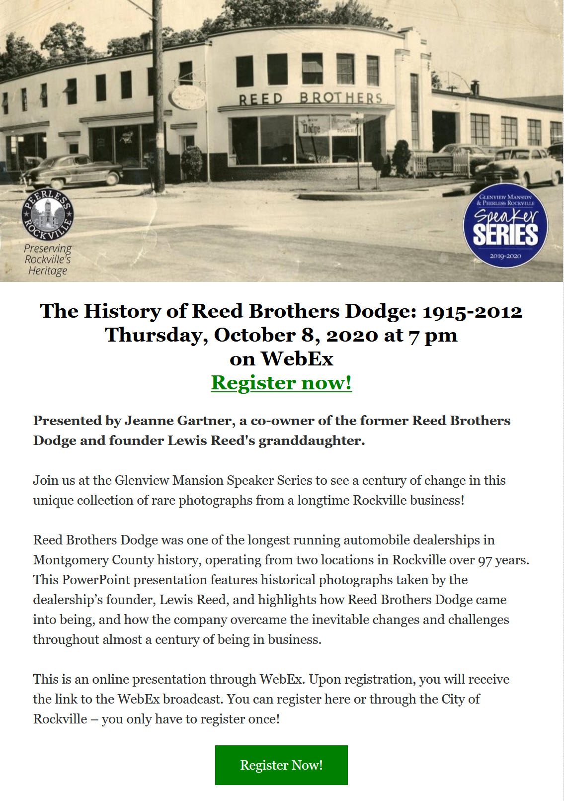 Peerless Rockville/Glenview Mansion Speaker Series