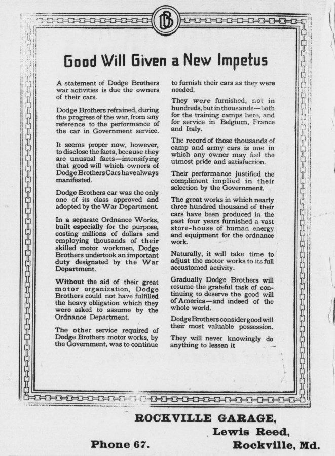 Statement of Dodge Brothers war activities, 1918